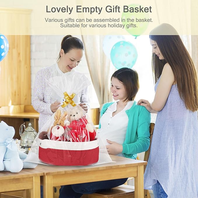 Small Woven Basket with Gift Bags and Ribbons, Empty Baby Gift Baskets for Kids Women Men, Shelf Storage, Small Cat Dog Pet Toy Boxes, 13”x 9”x 5.5”, Red