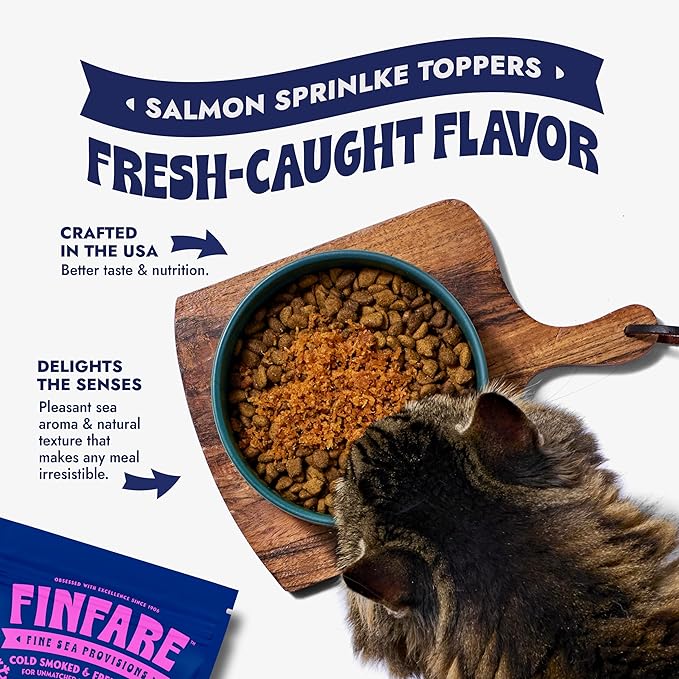 Finfare Freeze Dried Cat Food Toppers, Salmon Sprinkles, Grain Free Meal Toppers for Cats to Support Taste & Nutrition - High Protein & Omega-3s, Crafted in USA, 6oz