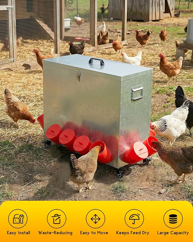 Magicfly 85 lbs Chicken Feeder No Waste, Large Metal Automatic Chicken Feeder Box, 12 Bell-Mouth Feeding Port, with Handle, Grit & Oyster Shell Trough, Chick Feeder on Wheels for Chickens, Ducks