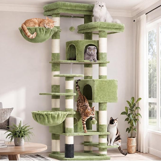 Hey-brother Cat Tree, 74 inches Multi-Level XL Large Cat Tower for Indoor Cats with Three Cat Condos, Two Large Top Decks and Cat Hairbrushfor Kittens, Cats and Pets, Green MPJ035-MGR