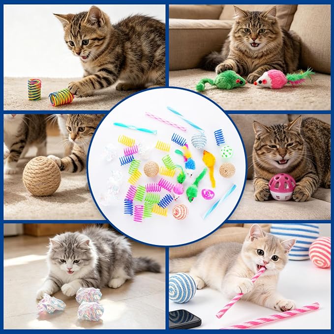 Cat Toys 38 Pack, Cat Toys for Indoor Cats, Interactive Cat Toys Variety Pack with Colorful Springs, Mouse Toys, Sisal Balls, Crinkle Balls and Bell Balls for Kittens and Adult Cats