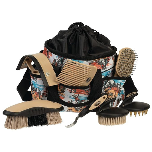 Weaver Equine Horse Grooming Kit, 7-Piece Horse Brush Set with Organizer Tote Bag, Hoof Pick, Comb, Sweat Scraper, Equine Tools for Daily Grooming, Bucking Bronc