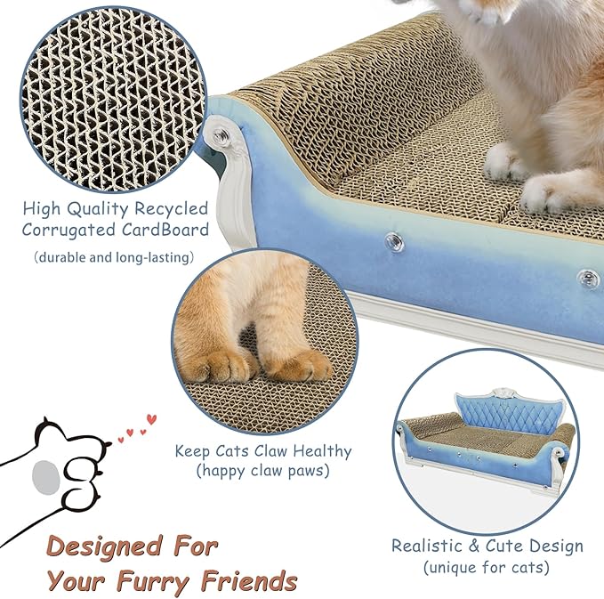 Luxury Cardboard Cat Scratcher Sofa Bed, Couch Shaped Scratching Board, Scratch Lounge with Catnip, Cat Scratcher for Indoor Cats Large Blue 25.4" L