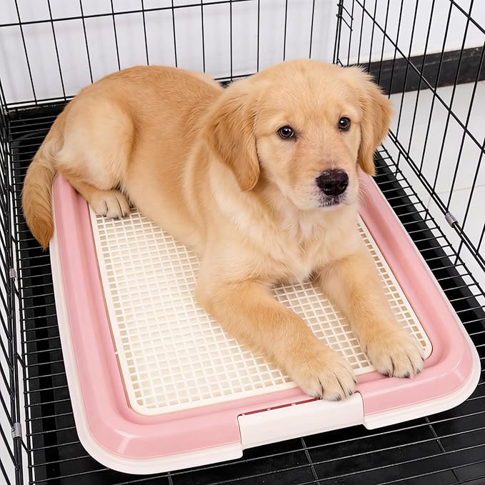 Dog Potty Tray for Small Dogs, Puppy Potty Training Tray 19.3"x14.4" Indoor Dog Toilet, Leak-Proof Pet Pads Holder (Pink)