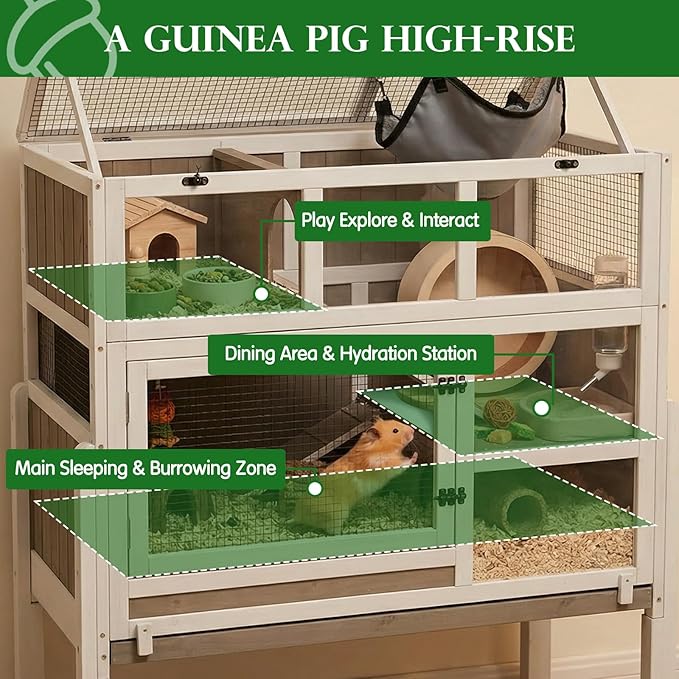 Large Guinea Pig Cages, 3-Story Indoor Guinea Pig Habitats with Stand, Hedgehog Cage Rabbit Hutch with Pull-Out Tray, Flip-Open Roof, Cozy Hammock