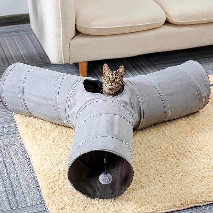 PAWZ Road Collapsible Cat Tunnel, 3 Way Cat Play Tube 10.5” in Diameter | Collapsible Cat Play Tunnel with Spacious Play Tubes, Multiple Peek Holes & Interactive Hanging Ball for Indoor Cats