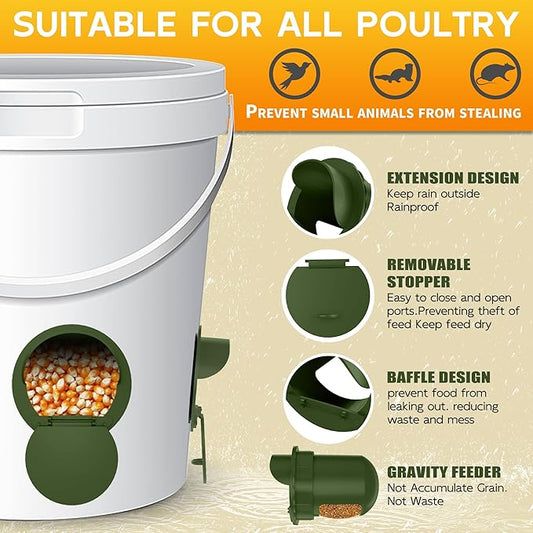 Chicken Feeder Port 12 Pack - No Waste DIY Poultry Feeding Kit with Stopper Lid & Hole Saw, Reusable Rain Proof Automatic Coop Gravity Feeder for Hens Ducks Geese (Green)