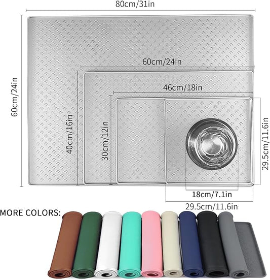 Ptlom Dog Food Mat Anti-Slip Bowl Mats for Food and Water, Waterproof Silicone Pet Placemat with High Raised Edges, Non-Slip Puppy Feeding Tray for Small, Medium Large Cats Dogs, Gray, 11.8"x11.8"