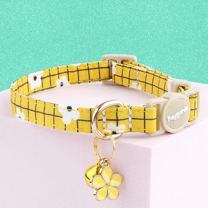 Faygarsle 2 Pack Striped Plaid Floral Pattern Cat Collars Breakaway Safety Collar with Bell Spring Summer Design for Girl Cats,Yellow Multicolor