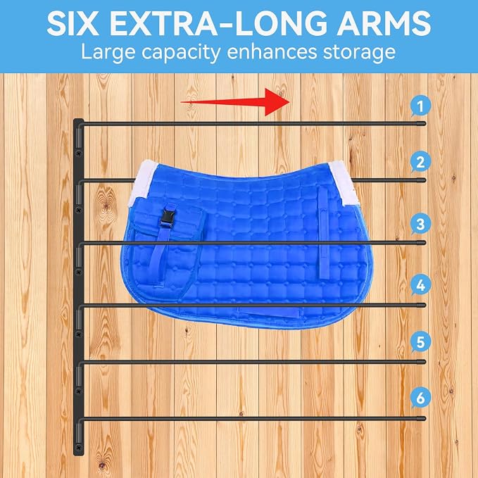 Heavy Duty Saddle Pad Rack, 180° Swing-Out Horse Blanket Holder with 6 Extra-Long Arms, Wall Mounted Tack Storage for Stable & Garage