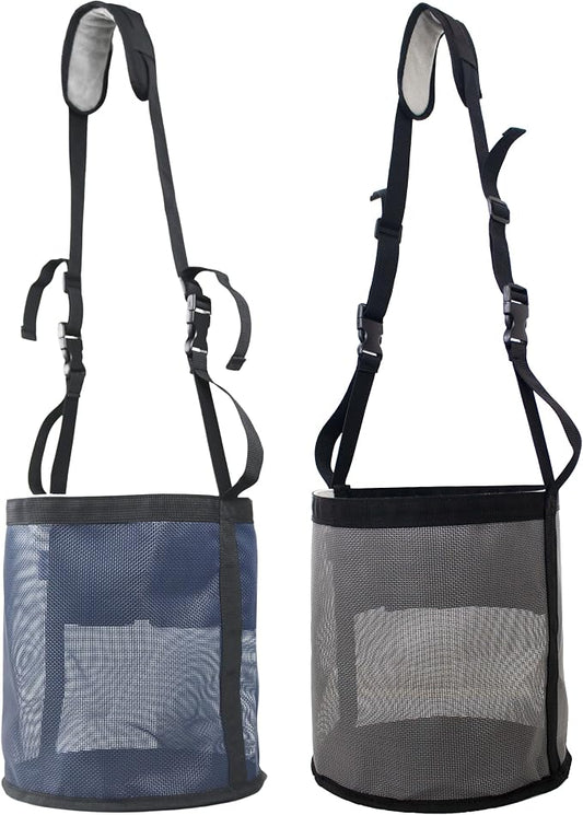 Horse Feed Bag,Heavy Duty Muzzle Feed Bag with Adjustable Strap,Comfort Neck Pad,Nose Pad and Double Waterproof Bottom Mesh Feed Bags for Horse Pack of 2 (Dark Blue+ Concrete Grey)