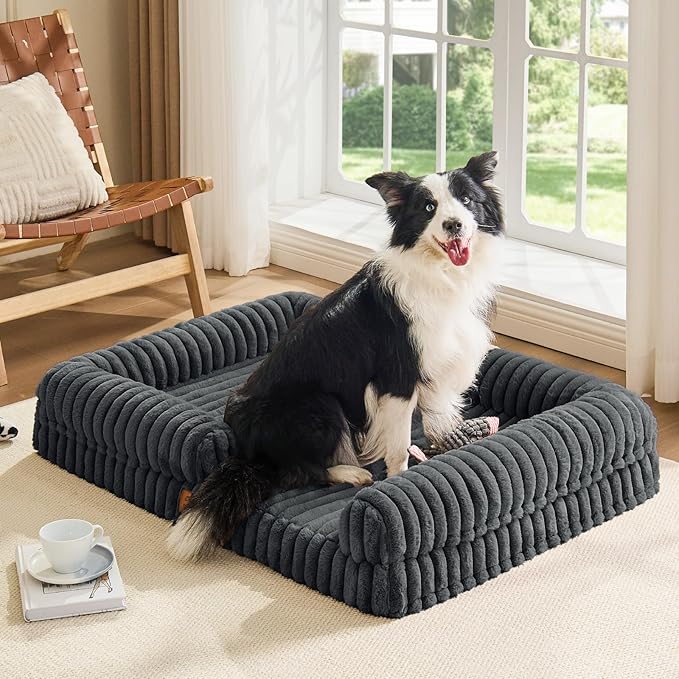 ChiXnuggle Orthopedic Dog Bed with Bolster Sides for Sleeping, Fluffy Plush Rectangular XL Dog Bed, Luxury Striped Faux Fur Waterproof Dog Couch with Removable Washable Cover, Dark Grey