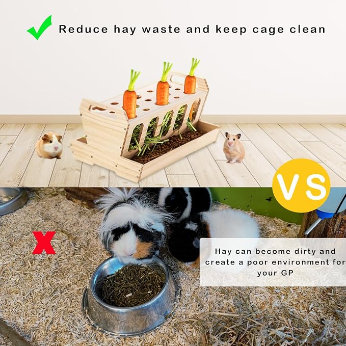 Rabbit Hay Feeder, Large Capacity Wooden Hay Feeder for Rabbits Guinea Pigs Chinchillas, Pet-self Feeding Hay Manager Alfalfa Timothy Dispenser Grass Holder Carrot Feeders for Bunny