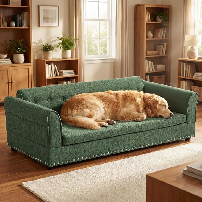 55" Dog Sofa for Medium to Large Dogs, Button Tufted Dog Couch Bed with Backrest and Armrests, Durable Memory Foam Pet Bed, Removable Cushion for Medium and Large Dogs, Green