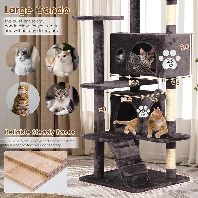 PayLessHere Cat Tree 54in Cat Tower with Cat Scratching Post,Multi-Level Cat Condo Stand House Furniture Kitty Activity Center with Furry Ball Toys Cat Tree for Indoor Cats,Purple