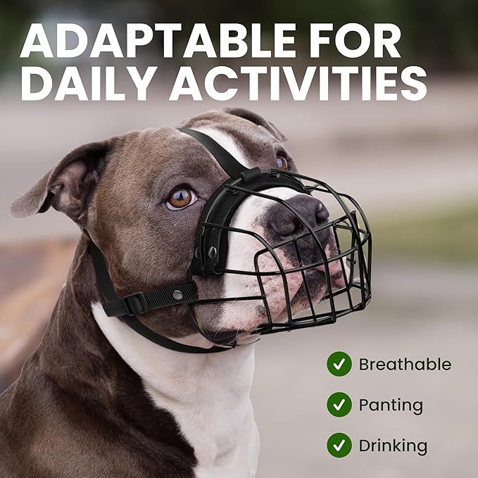 BRONZEDOG Pitbull Dog Muzzle Breathable Metal Basket for Large Dogs Amstaff Staffordshire Terrier Biting Chewing Barking (Nylon, Black)