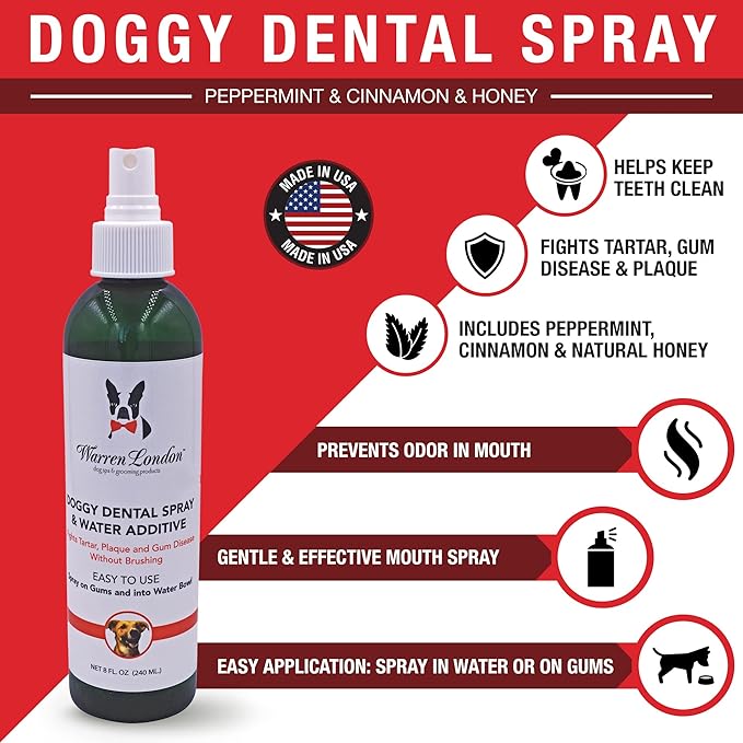 Warren London Doggy Dental Spray & Water Additive | Fresh Breath for Dogs & Cats | Natural Peppermint & Honey Formula for Teeth & Gums | Easy Dog Mouth Spray or Water Bowl Add-in | Made in USA – 8 oz