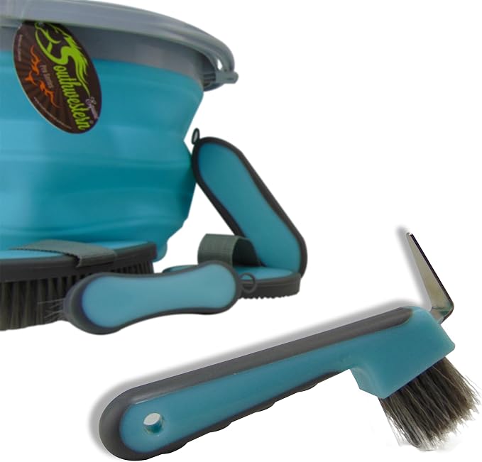 Collapsible Grooming Kit 10 Liter Bucket and 5 Grooming Tools - By Southwestern Equine - Turquoise