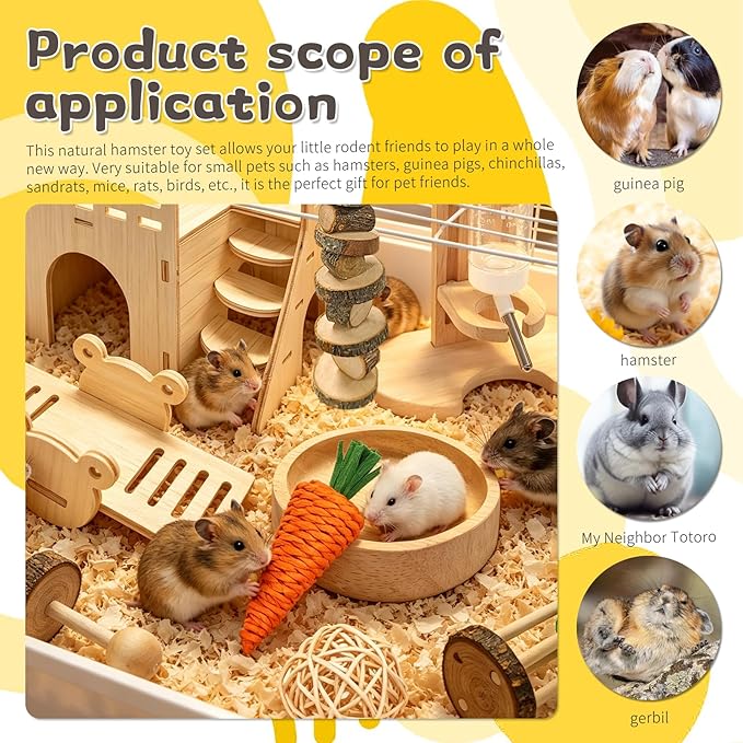 Hamster Cage Accessories, Hamster Toys, Wooden Maze House, Water Bottle with Stand, Feeding Bowl, Suitable for Hamsters, Mice and Other Small Animals Habitats