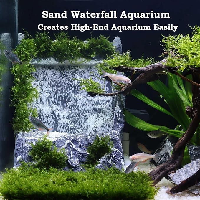 Dynamic Aquarium Decoration Sand Waterfall, Large Resin Model Seiryu Stone for Aquascaping with Water Pump and White Aquarium Sand, Fish Tank Accessories Hardscape