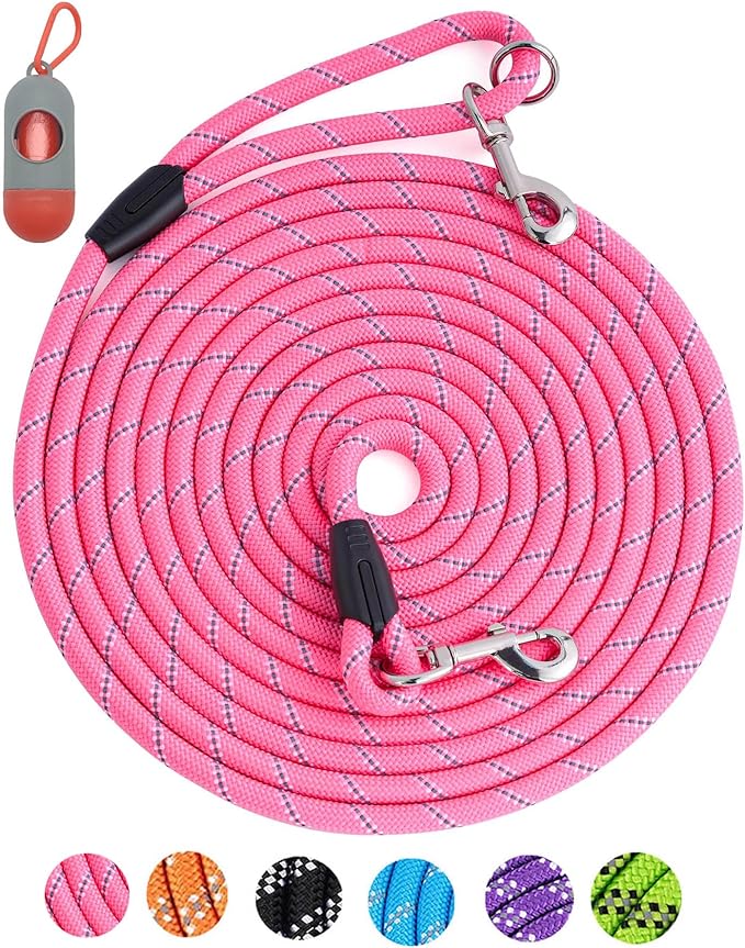 Long Dog Leash for Training - 16FT/30FT/50FT/100FT, Reflective with Lockable Hook, Heavy Duty for Large/Medium/Small Dogs - Pink 50FT