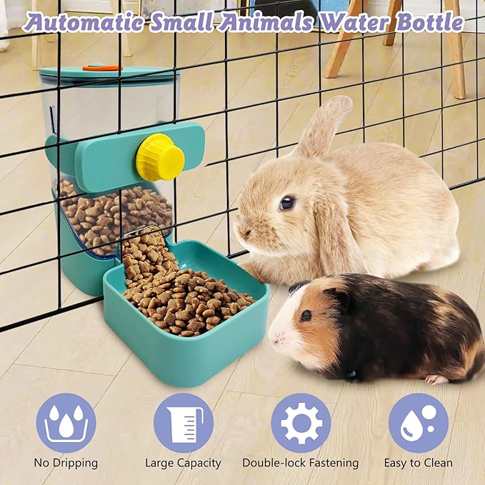 34oz Automatic Rabbit Food Dispenser for Cage Hanging Guinea Pig Feeder No Drip Bunny Food Bowl for Ferret Rat Hamster Chinchilla and Other Small Animals (Green)
