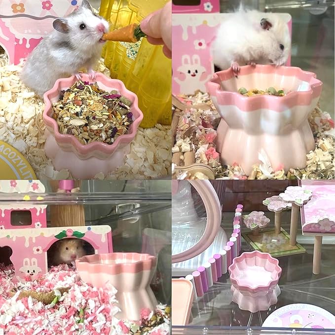 Ceramic Hamster Food Bowl Elevated Hamster Bowl Non-Tip Rat Feeding Dish with Water Bottle for Dwarf Gerbil Mouse Mice Sugar Glider (Pink)