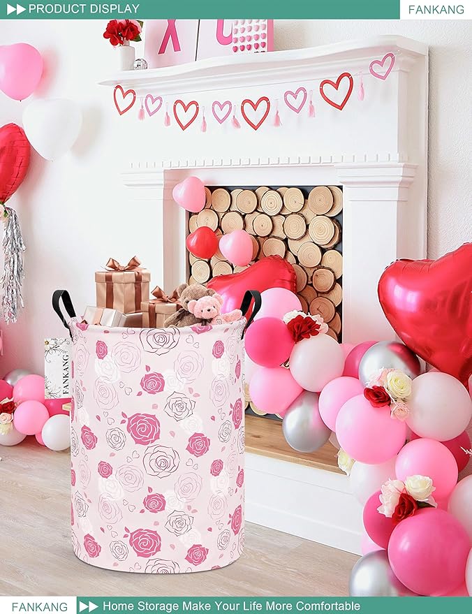Storage Basket, Nursery Hamper Canvas Laundry Basket Foldable with Waterproof PE Coating Large Storage Baskets for Kids Boys and Girls, Office, Bedroom, Clothes,Toys(Pink roses)