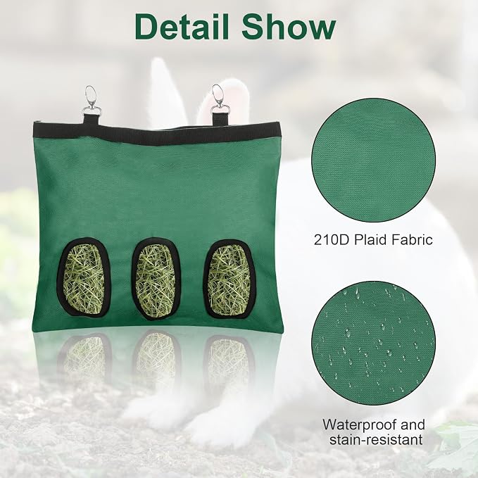 2 Pcs Rabbit Hay Feeder,Guinea Pig Hay Feeder,13×10.8 Inch Guinea Pig Bag,Small Animal Feeding Bag for Rabbits, Hamsters, Hedgehogs(3 Holes,Green)