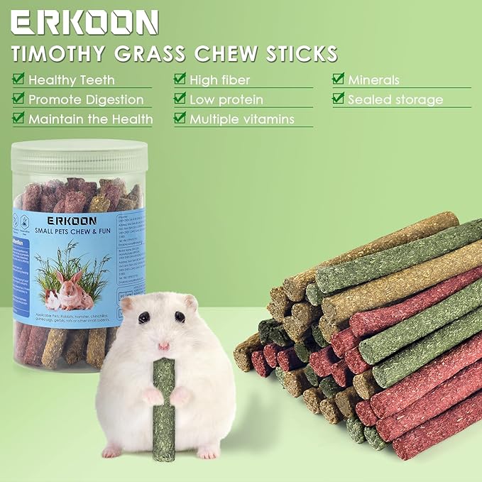 ERKOON 38Pcs Rabbit Chew Toys Timothy Hay Sticks, Guinea Pig Toys for Teeth Natural Molar Sticks Rabbits Treats for Bunnies, Chinchilla, Guinea Pigs, Gerbil, Hamster