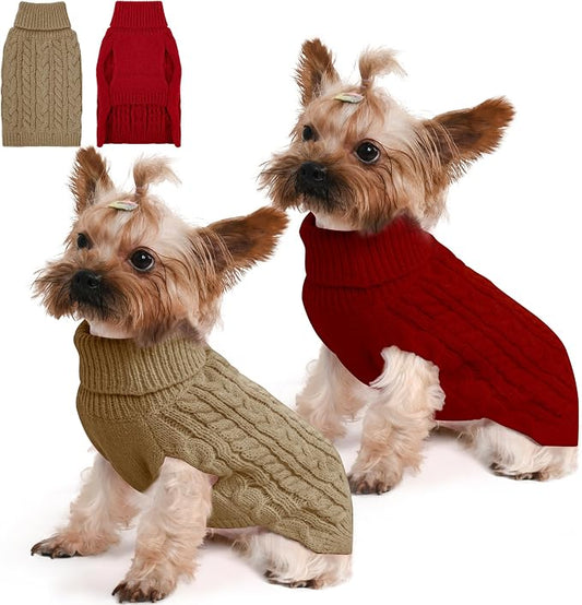Dog Sweater 2 Pack for Small Dogs, Size S, Red & Brown | Stretchy cable knit turtleneck, machine washable, high belly cut, comfy winter fit for Chihuahua, Maltese