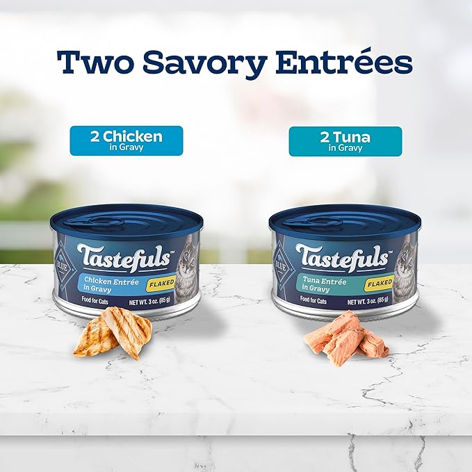 Blue Buffalo Tastefuls Wet Cat Food, Made with Natural Ingredients, Tuna and Chicken Flaked Entrées in Gravy, 3oz Cans, 4-Count Variety Pack Trial Size