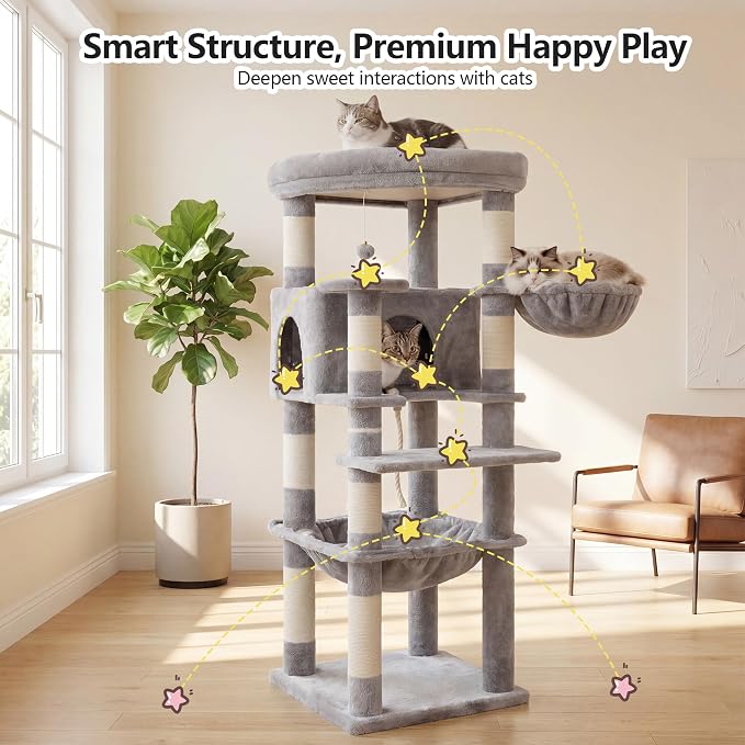 Heybly Cat Tree, 53.1-Inch Corner Stable Cat Tower for Large Indoor Cats, Well-Structured Interactive Cat Condo with Fan-Shaped Top Perch, Cozy Condo, Sturdy Base, Basket & Hammock,Light Gray HCT029W