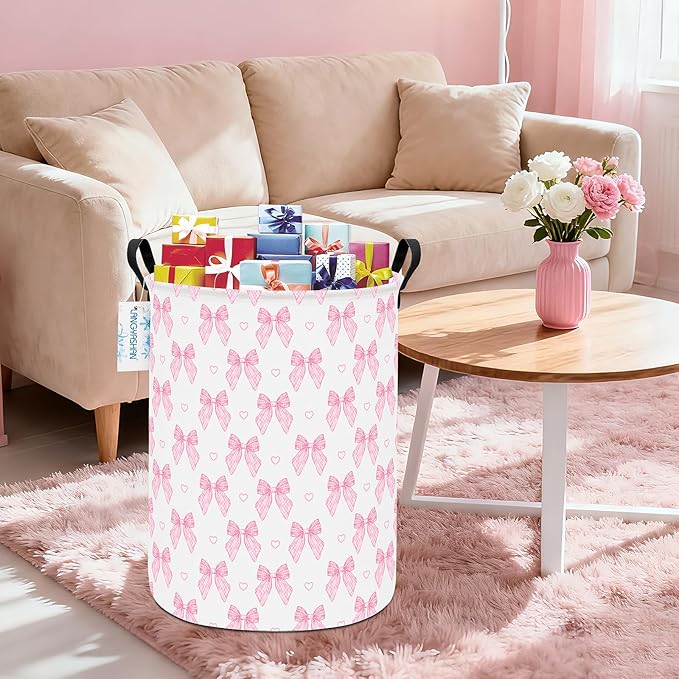 Laundry Basket Canvas Fabric Collapsible Organizer Basket for Storage Bin Toy Bins Gift Baskets Bedroom Clothes Children Nursery Hamper (Pink Bowknot)