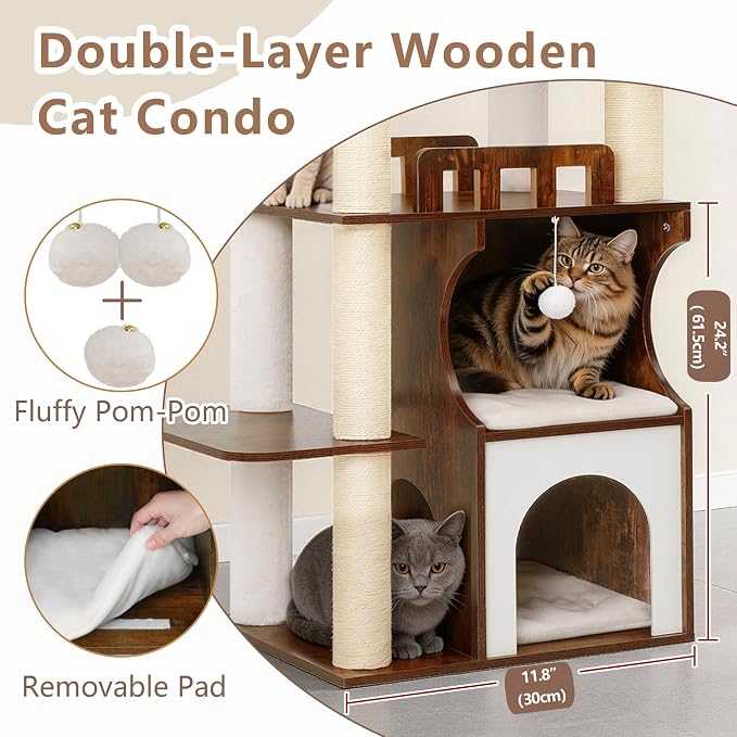 Gitelsnour Cat Tree, 70.9 Inch Wood Cat Tower for Large Cats Adult, Modern Cat Furniture with Double-Layer Wooden Cat Condo, 2 Platforms, Large Hammock and Scratching Posts, Rustic Brown GCT102SR