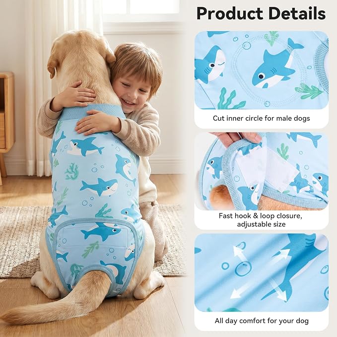 cyeollo Dog Surgery Recovery Suit, Soft Surgical Body Suits for Female Male Dog, Comfy Spay Neuter Onesie for Small Dogs, E-Collar & Cone Alternative, Anti-Licking Wound Puppy Clothes, Shark XS
