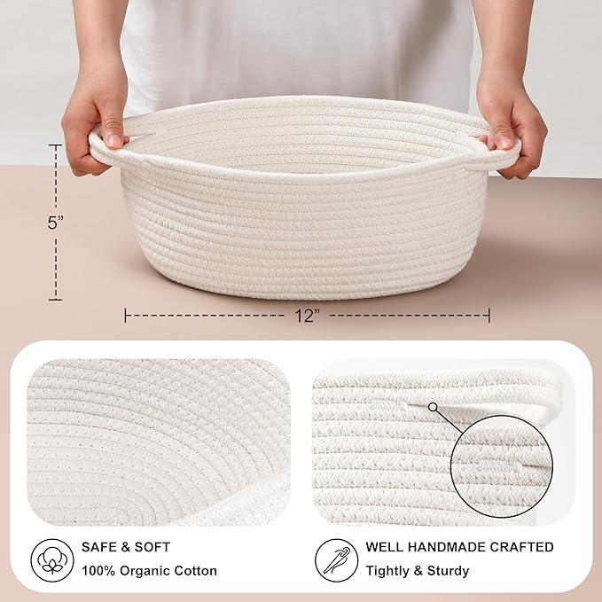 2 Pack Small Woven Basket with Gift Bags and Ribbons, Empty Decorative Gift Chest Box, Cute Baby Gift Basket for Nursery, Cotton Rope Room Shelf Storage Basket with Handles, All 12"x 8"x 5",White