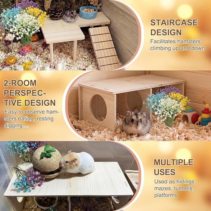 22 Pcs Hamster Platform Set Includes 1 Hamster Platform with Legs 1 Wooden 2-chamber Hideout Tubes Tunnels 20 Handcrafted Flowers Hamsters Accessories for Dwarfs Rats Gerbils Mice Syrian Habitat Decor