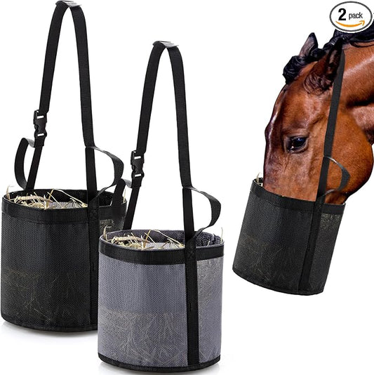 2 Pcs Horse Feed Bags for Grain Mesh Grain Feeder Bucket with Adjustable Strap and Waterproof Bottom for Feeding Fodder Powder Supplements(Black and Gray)