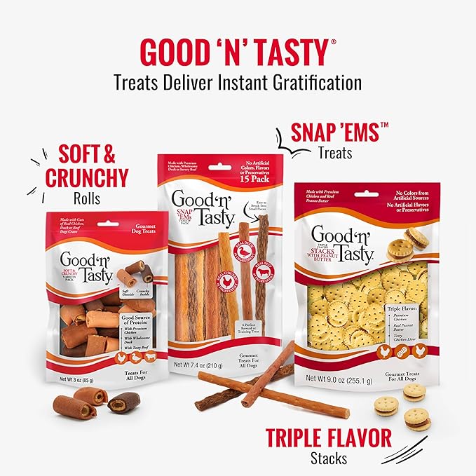 Good 'n' Tasty Triple Flavor Puree Mix-Ins Dog Food Topper Treats for All Dogs, 7 Count, Easy Single-Serve Portions, Added Protein with Chicken, Salmon and Duck (Pack of 2)