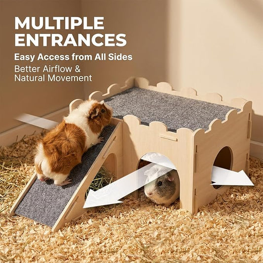 Guinea Pig Hideout Wooden House with Ramp, Small Animal Castle with Multiple Entrances and Built-in Hay Nook, for Guinea Pig, Chinchilla