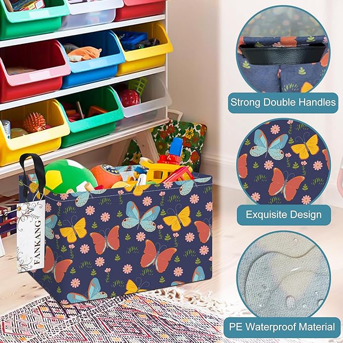 Storage Bins, Nursery Hamper Canvas Laundry Basket Foldable with Waterproof PE Coating Large Storage Baskets for Kids Boys and Girls, Office, Bedroom, Clothes,Toys(Rec-Colorful Butterfly ）