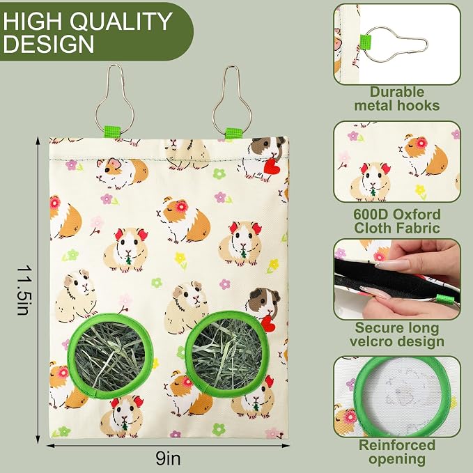 JarThenaAMCS 2 Pcs Guinea Pig Hay Feeder Bag with 2 Holes Hanging Hay Feeding Bag Beige Flower Floral Storage Dispenser for Chinchilla Hamster Bunny Small Animal Pet, 11.5 x 9 Inch