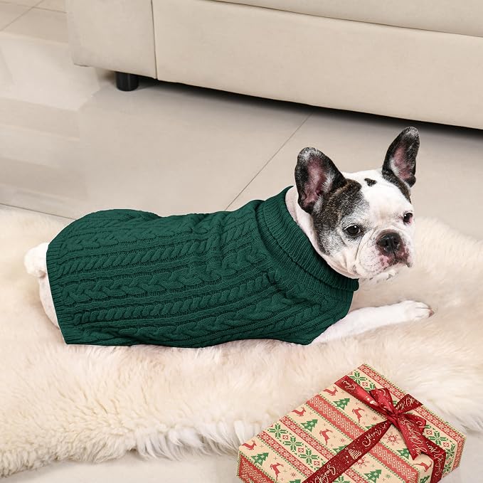 Dog Sweater 2 Pack for Medium Dogs, Size M, Red & Green | Stretchy cable knit turtleneck, machine washable, high belly cut, comfy winter fit for French Bulldog, Pug