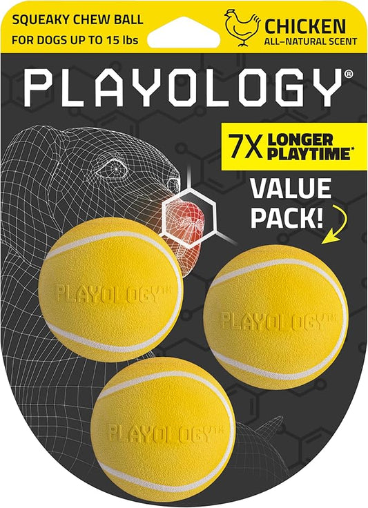 Playology Dog Toys | Squeaky Chew Ball for Dogs, Value 3-Pack | Chicken Scented Small Dog Balls | Bouncy Floating Chew Toys for Fetch
