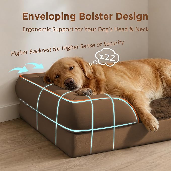 Comfort Expression Orthopedic Dog Bed for Extra Large Dogs with Bolster | Waterproof Dog Couch Bed with Washable Cover & Non-Slip Bottom, Supportive Egg Crate Foam Big Dog Bed, 53x42Inch