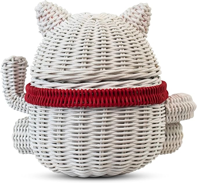 G6 Collection Lucky Cat Rattan Storage Basket With Lid Decorative Bin Home Decor Hand Woven Shelf Organizer Cute Handmade Handcrafted Nursery Gift Animal Art Decoration Artwork Lucky Cat
