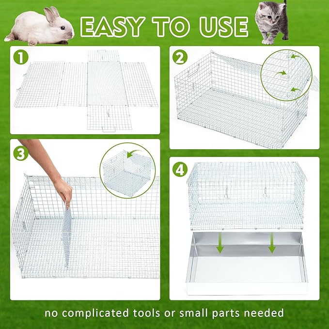 DoubleFill 4 Hole Folding Rabbit Transport Cage, 28 x 16 x 12 in Portable Rabbit Bunny Carrier with Tray and Handles for Travel Temporary Housing, Indoor Outdoor Pet Habitat Animal Enclosure
