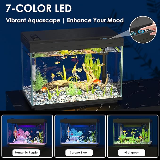 Smart Fish Tank Starter Kit with Smart Temperature Display & Wireless Control, 5.8 Fish Tank Self Cleaning, 3-in-1 Quiet Filter Pump, 7-Color LED, Heater, Feeder for Beginner Aquarium