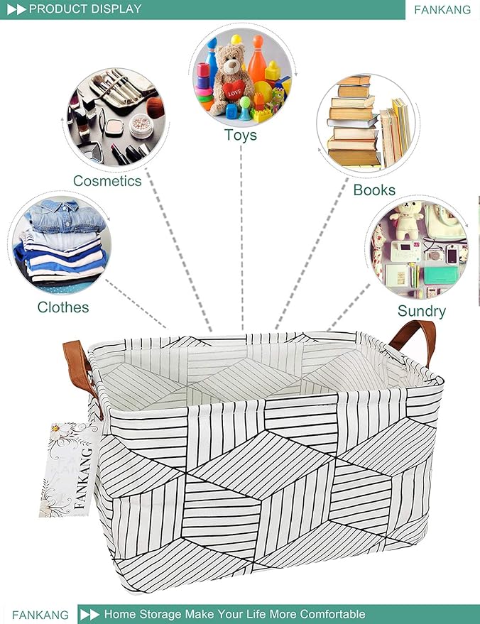 Storage Basket,Nursery Hamper Canvas Laundry Basket Foldable with Waterproof PE Coating Storage, Office, Bedroom, Clothes,Toys (L, REC-Diamond)